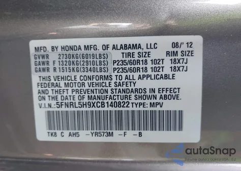 2012 Honda Odyssey Touring/Touring Elite from USA, damaged, VIN 5FNRL5H9XCB140822